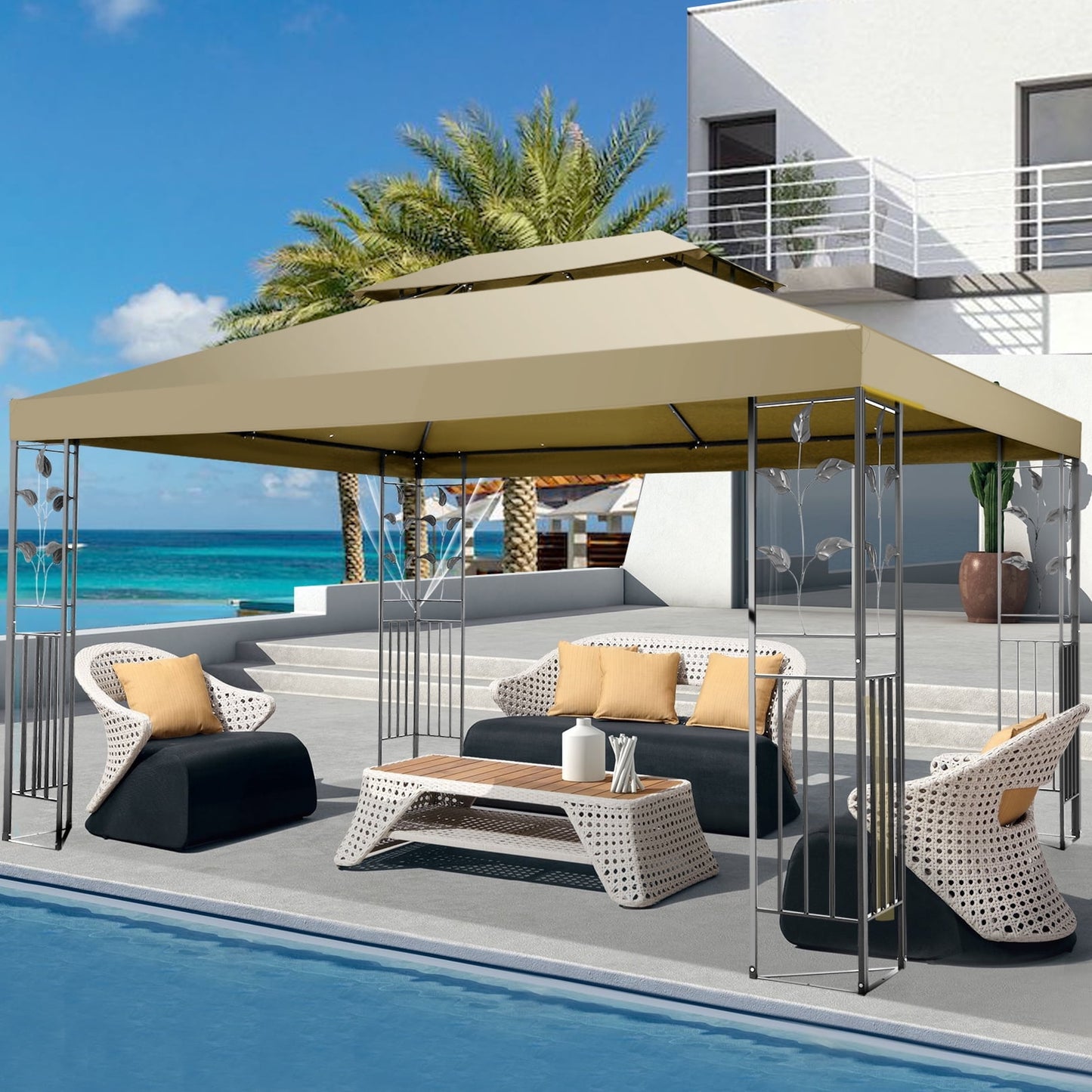 COBIZI 10'x 13' Metal Patio Gazebo, Outdoor Gazebo Canopy Tent for Backyard with Mosquito Netting, Gazebos Shelter with Steel Frame, Patio Covers for Sun and Rain, Khaki