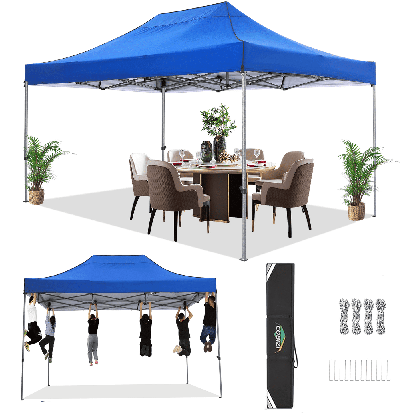 COBIZI 10 x 15 Heavy Duty Pop-up Canopy Tent with Adjustable Height, Waterproof and Instant Outdoor Shelter, Summer Canopy for Beach,Party,Camping Includes 4 Sandbags, and Carrying Bag,Blue