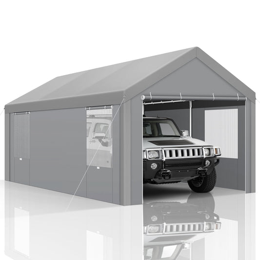 COBIZI 10'x20' Outdoor Auto Shelter Carport with Storage, Driveway Heavy Duty Car Tent, Gray