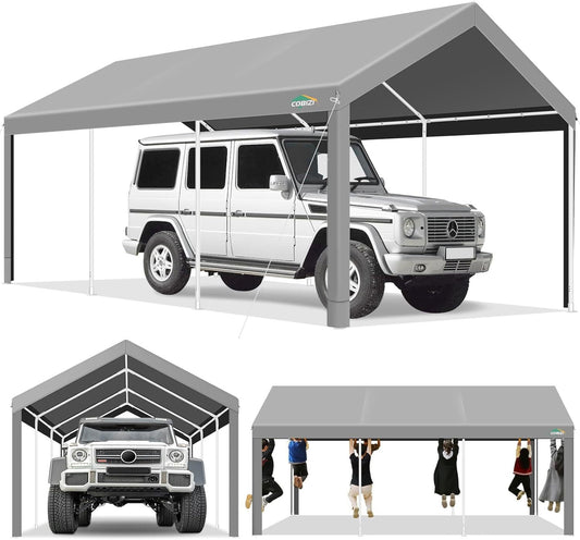 COBIZI 10x20ft Carport Heavy Duty, Portable Car Garage with Built-in Sandbags, Waterproof Car Canopy for Truck, Boat, SUV with All-Season Tarp, Gray
