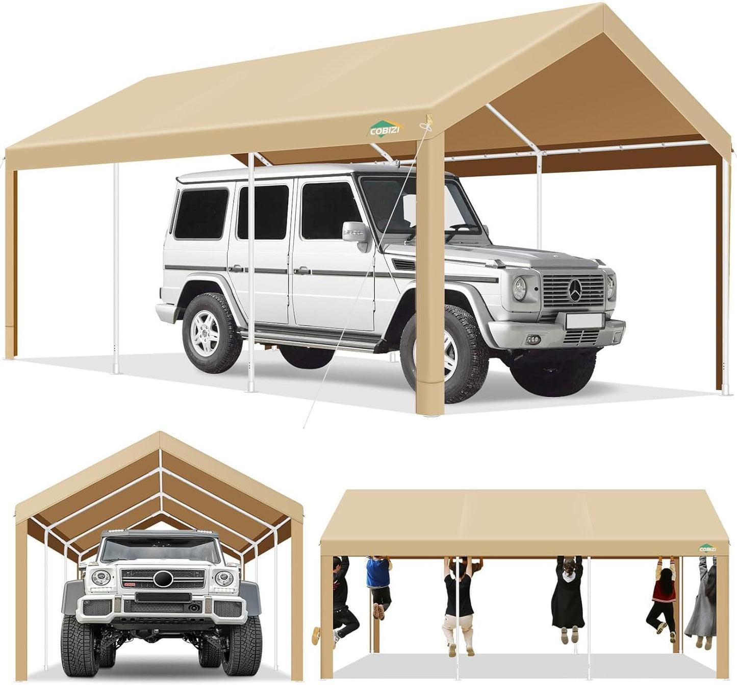 COBIZI 10x20ft Carport Heavy Duty, Portable Car Garage with Built-in Sandbags, Waterproof Car Canopy for Truck, Boat, SUV with All-Season Tarp, Khaki