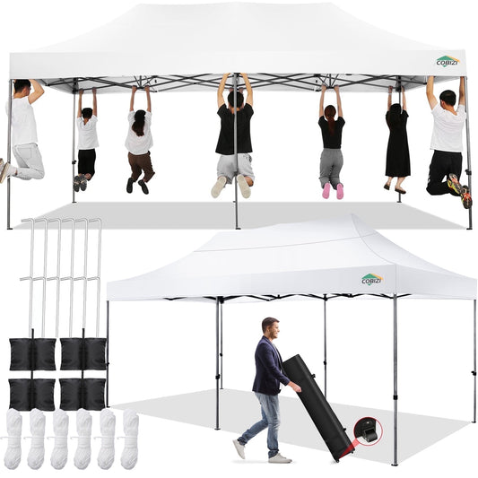 COBIZI 10 x 20 Heavy Duty Pop-up Canopy Tent with Adjustable Height, Waterproof and Instant Outdoor Shelter, Summer Canopy for Beach,Party,Camping Includes 4 Sandbags, and Carrying Bag,White