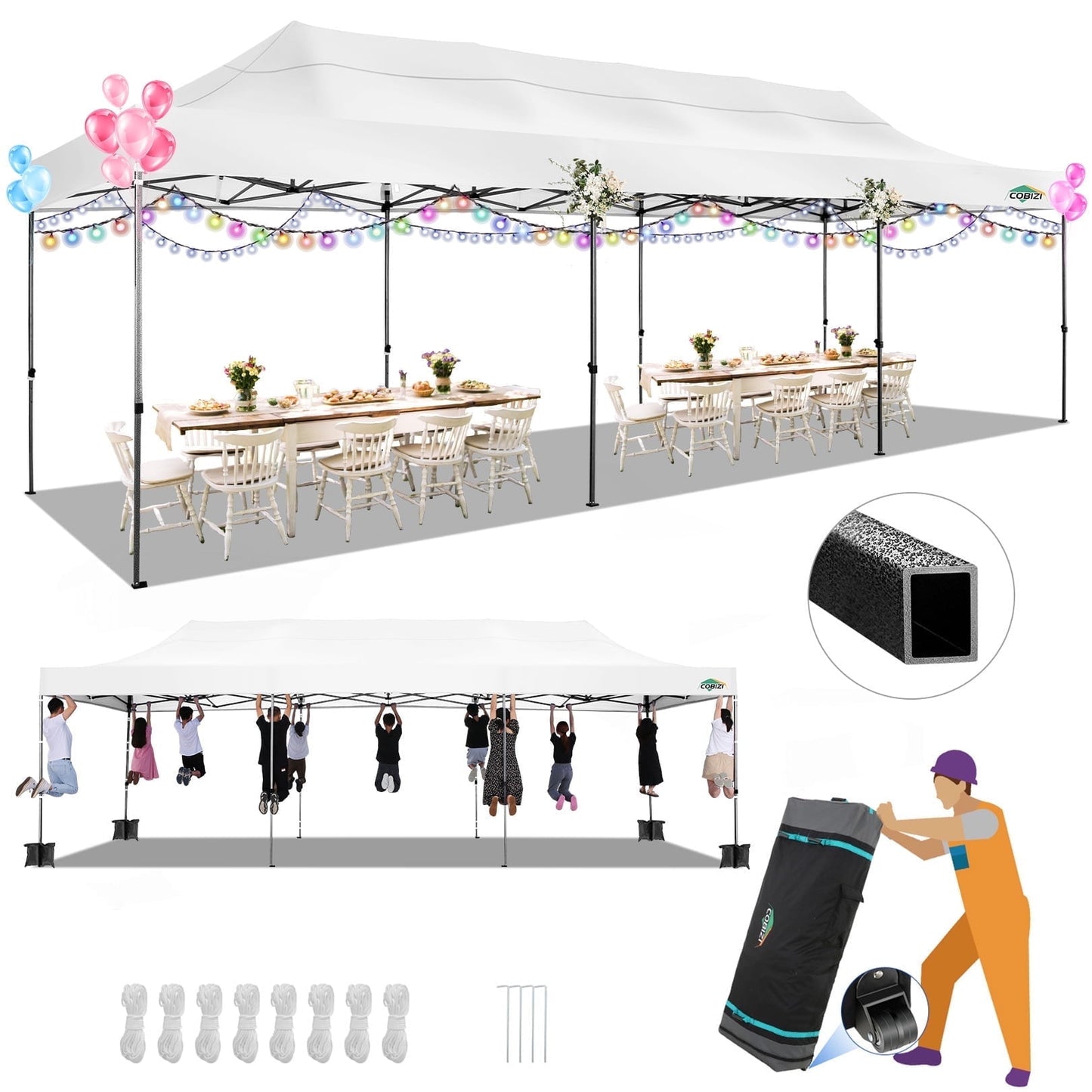 COBIZI 10 x 30 Heavy Duty Pop-up Canopy Tent with Adjustable Height, Waterproof and Instant Outdoor Shelter, Summer Canopy for Beach,Party,Camping Includes 4 Sandbags, and Carrying Bag,Blue