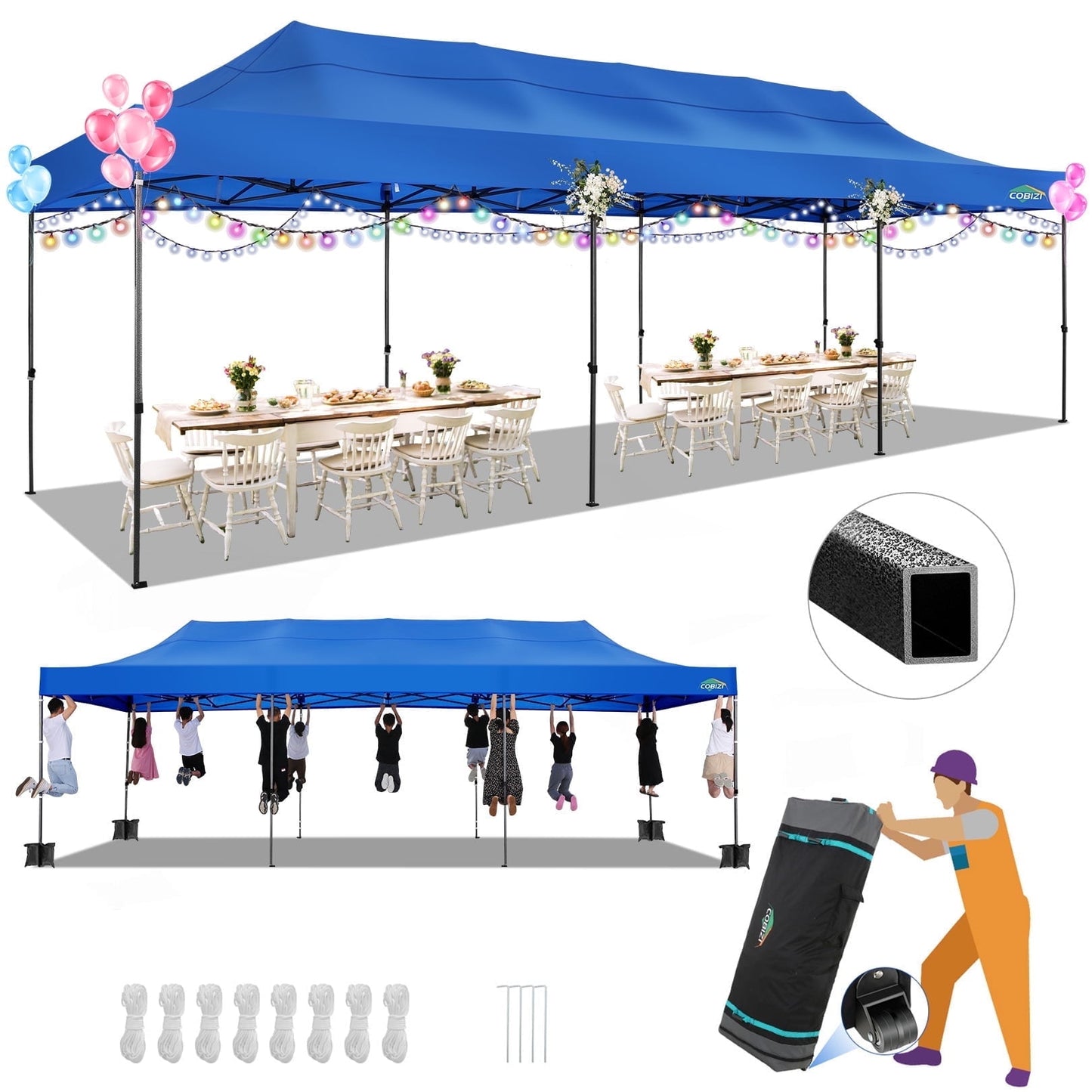 COBIZI 10 x 30 Heavy Duty Pop-up Canopy Tent with Adjustable Height, Waterproof and Instant Outdoor Shelter, Summer Canopy for Beach,Party,Camping Includes 4 Sandbags, and Carrying Bag,Blue