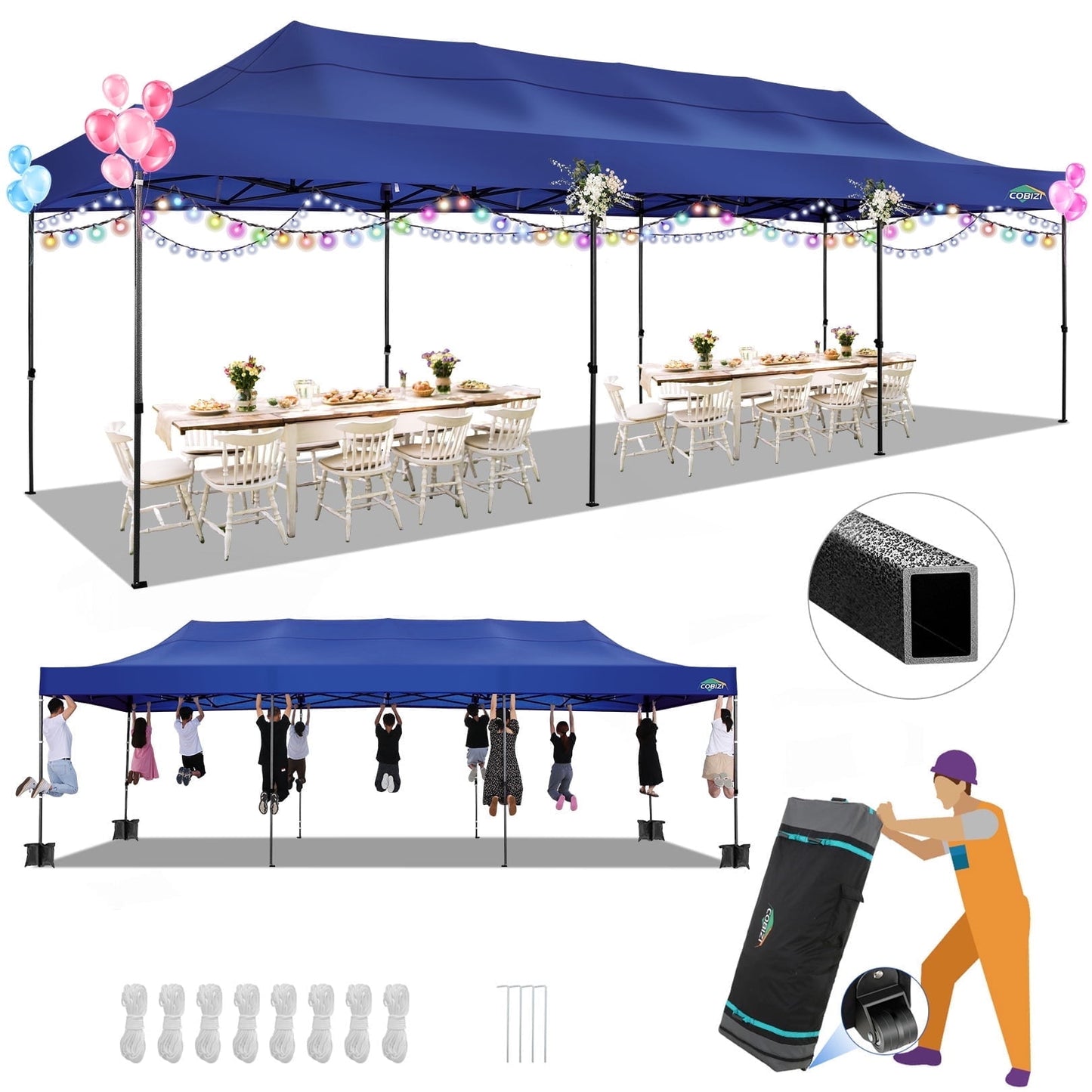 COBIZI 10 x 30 Heavy Duty Pop-up Canopy Tent with Adjustable Height, Waterproof and Instant Outdoor Shelter, Summer Canopy for Beach,Party,Camping Includes 4 Sandbags, and Carrying Bag,Blue