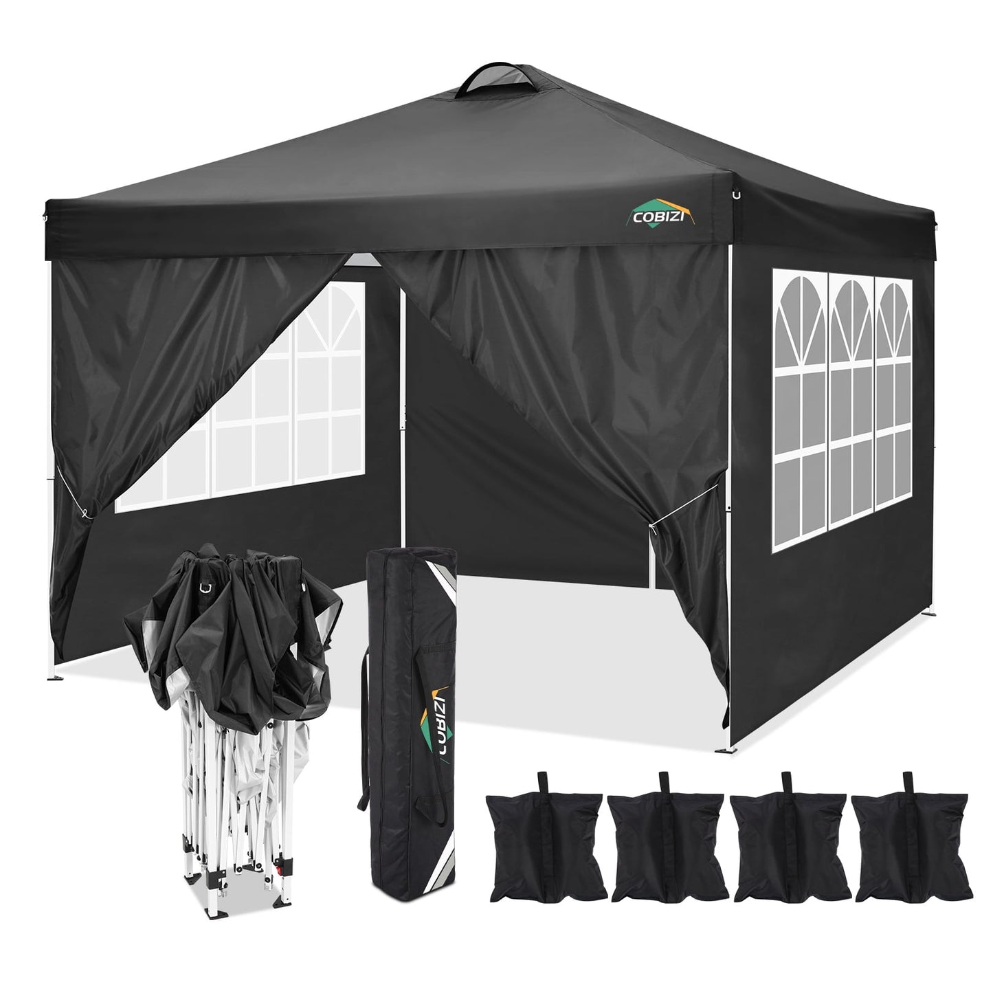 COBIZI 10' x 10' Pop-up Canopy,Easy Pop-up Canopy Tent for Outdoor Waterproof Instant Outdoor Folding Party Tent Shelter with 4 Removable Sidewalls,Air Vent, 4 Sandbags, Carrying Bag, Black