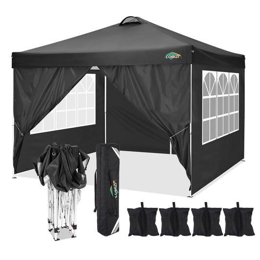 COBIZI 10' x 10' Pop-up Canopy,Easy Pop-up Canopy Tent for Outdoor Waterproof Instant Outdoor Folding Party Tent Shelter with 4 Removable Sidewalls,Air Vent, 4 Sandbags, Carrying Bag, Black