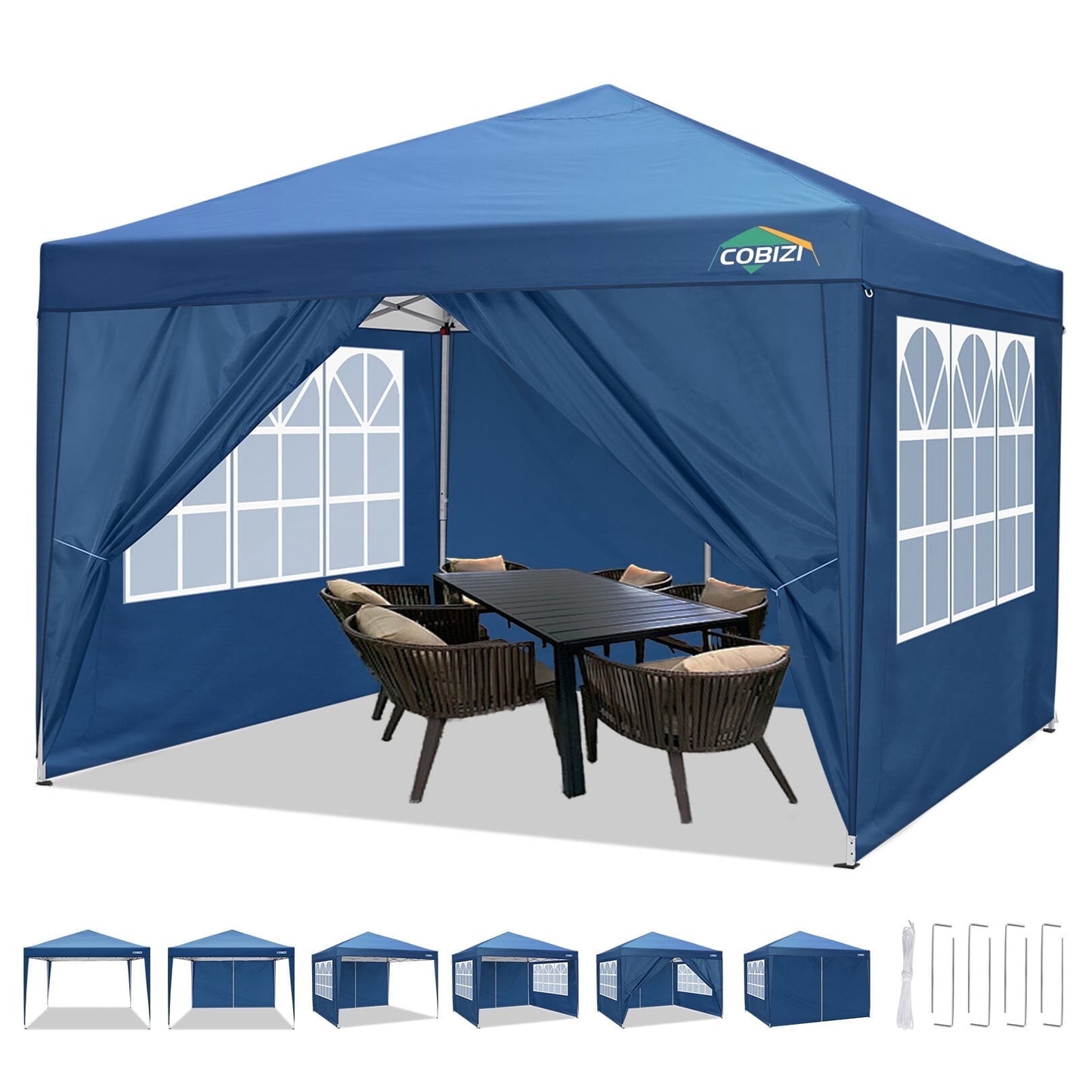 COBIZI 10'x10' Pop Up Canopy Waterproof Canopy with 4 Sidewalls Outdoor Commercial Instant Shelter Beach Camping Canopy Tent for Party, Blue