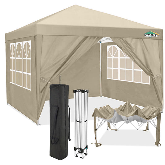 COBIZI 10'x10' ft Popup Canopy Waterproof Canopy with 4 Sidewalls Outdoor Commercial Instant Shelter Beach Camping Canopy Tent for Party,Khaki
