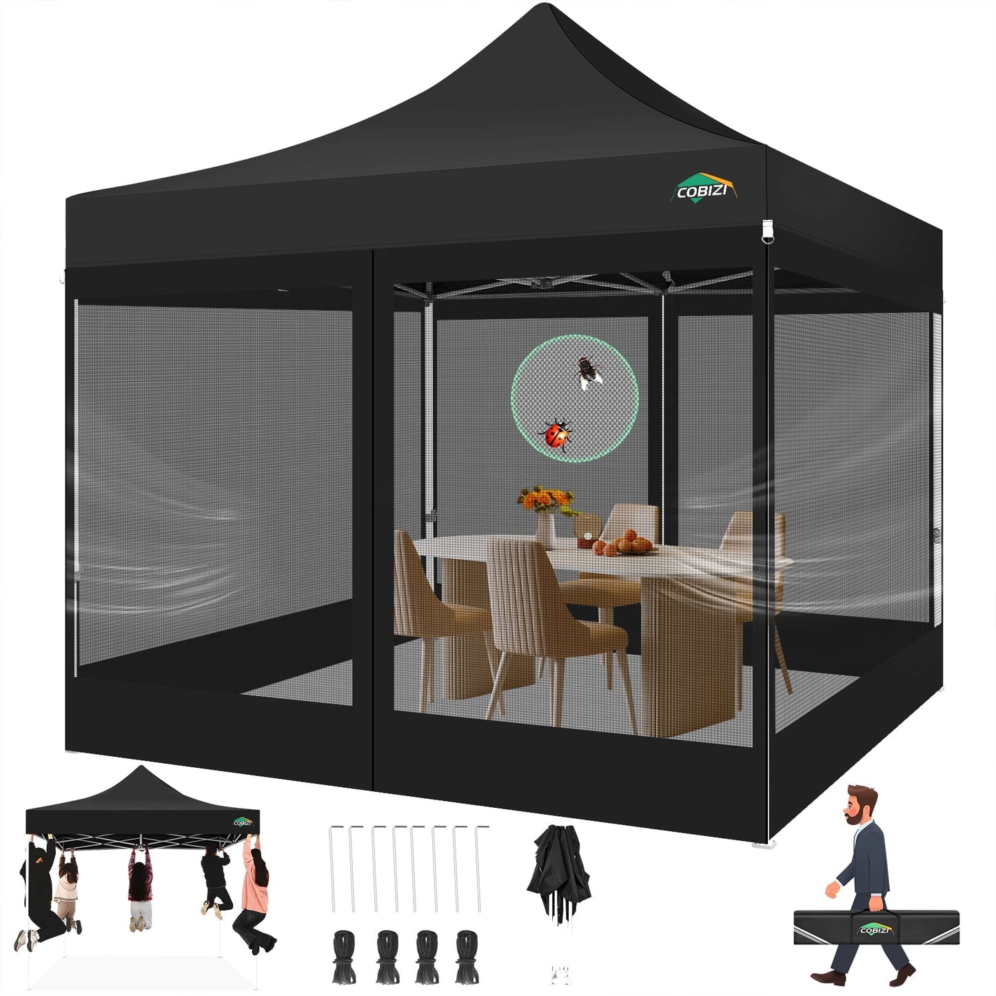 COBIZI 10X10 Heavy Duty Pop up Canopy with Mosquito Net,Instant Outdoor Shelter Large Canopy Tent for Outside,Gazebo with Mesh Sidewalls for Party,Backyard,Camping,Black