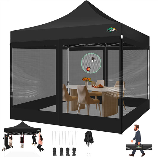 COBIZI 10X10 Heavy Duty Pop up Canopy with Mosquito Net,Instant Outdoor Shelter Large Canopy Tent for Outside,Gazebo with Mesh Sidewalls for Party,Backyard,Camping,Black