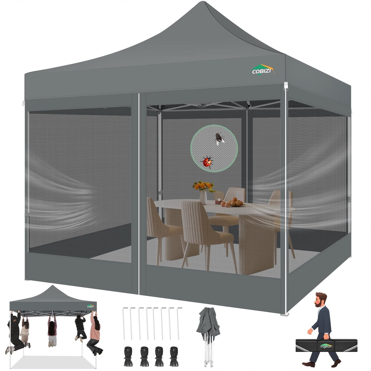 COBIZI 10X10 Heavy Duty Pop up Canopy with Mosquito Net,Instant Outdoor Shelter Large Canopy Tent for Outside,Gazebo with Mesh Sidewalls for Party,Backyard,Camping,Gray