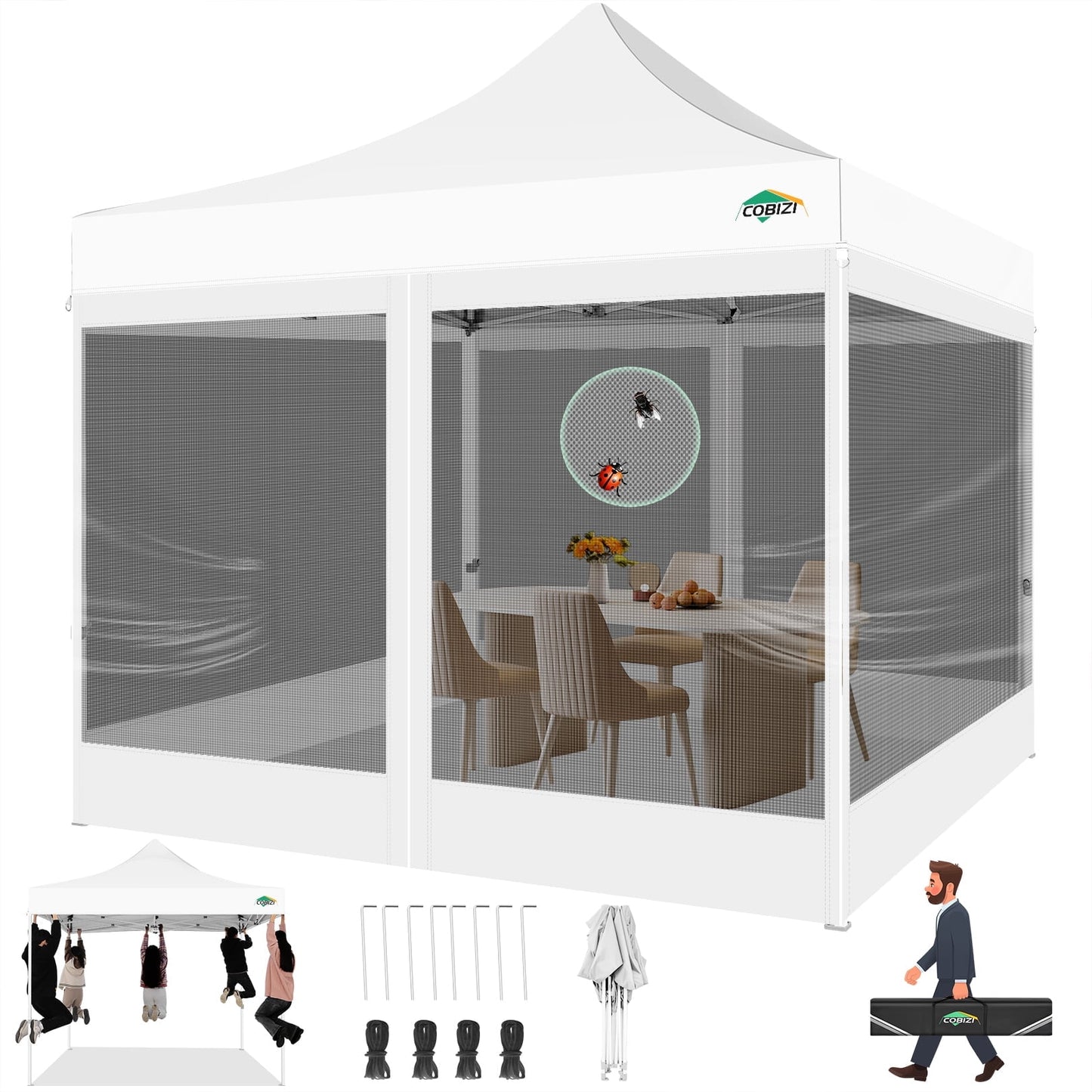 COBIZI 10X10 Heavy Duty Pop up Canopy with Mosquito Net,Instant Outdoor Shelter Large Canopy Tent for Outside,Gazebo with Mesh Sidewalls for Party,Backyard,Camping,White