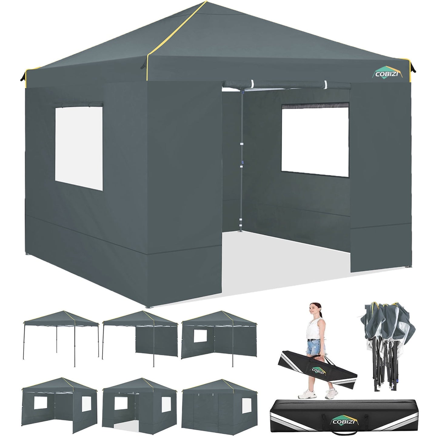 COBIZI 10X10 Pop-up Waterproof Canopy with Mesh Window, Carry Bag, Easy to Carry, 4 Removable Sidewalls, 4 Stakes & Ropes, Outdoor Tents for Party/Exhibition/Picnic,Gray