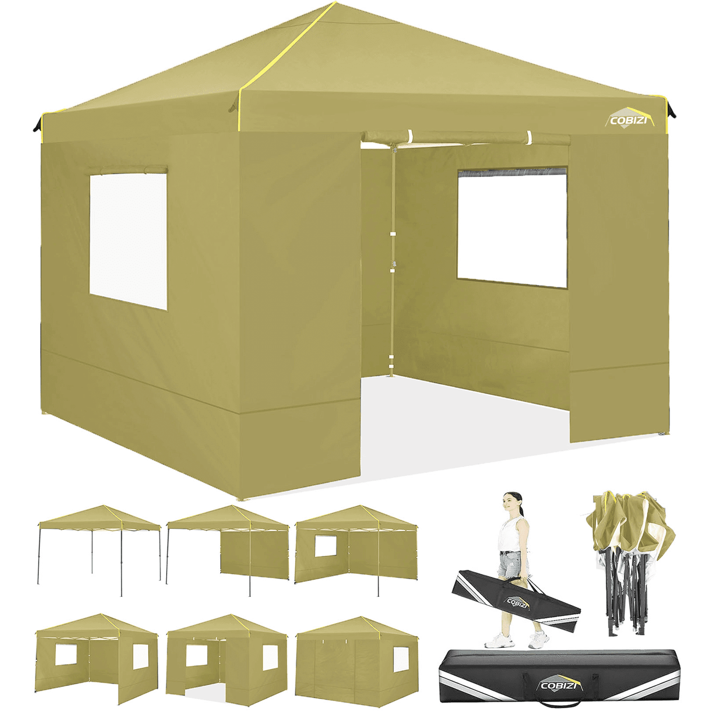 COBIZI 10X10 Pop-up Waterproof Canopy with Mesh Window, Carry Bag, Easy to Carry, 4 Removable Sidewalls, 4 Stakes & Ropes, Outdoor Tents for Party/Exhibition/Picnic,Khaki