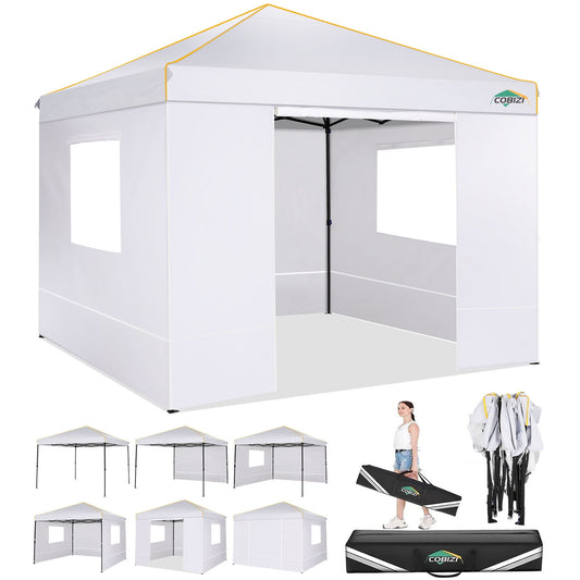 COBIZI 10X10 Pop-up Waterproof Canopy with Mesh Window, Carry Bag, Easy to Carry, 4 Removable Sidewalls, 4 Stakes & Ropes, Outdoor Tents for Party/Exhibition/Picnic,White