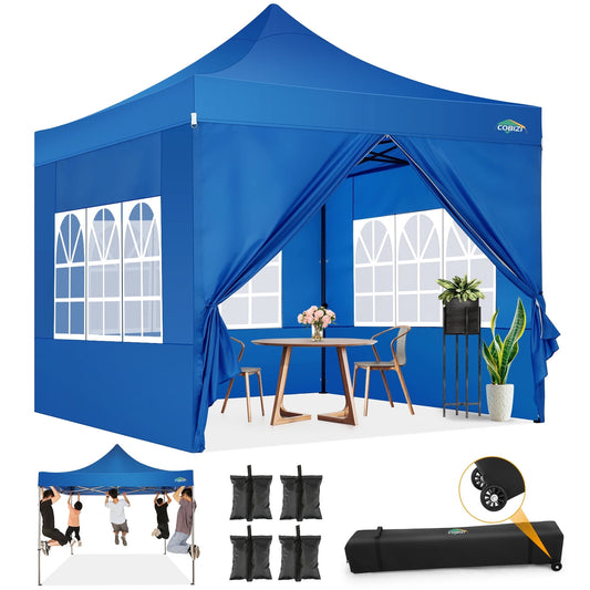 COBIZI 10x10 Pop up Canopy Commercial Heavy Duty Canopy Tent with 4 sidewalls Easy Up Outdoor Party Tent Instant Canopy All Season Windproof & Waterproof Canopy with Roller Bag,Blue(Frame Thickened)
