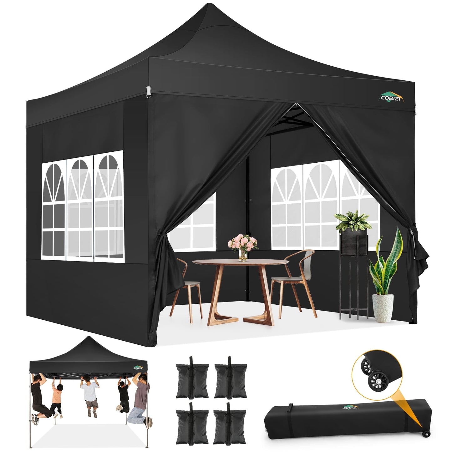 COBIZI 10x10 Pop up Canopy Commercial Heavy Duty Canopy Tent with 4 sidewalls Easy Up Outdoor Party Tent Instant Canopy All Season Windproof & Waterproof Canopy with Roller Bag(Frame Thickened)