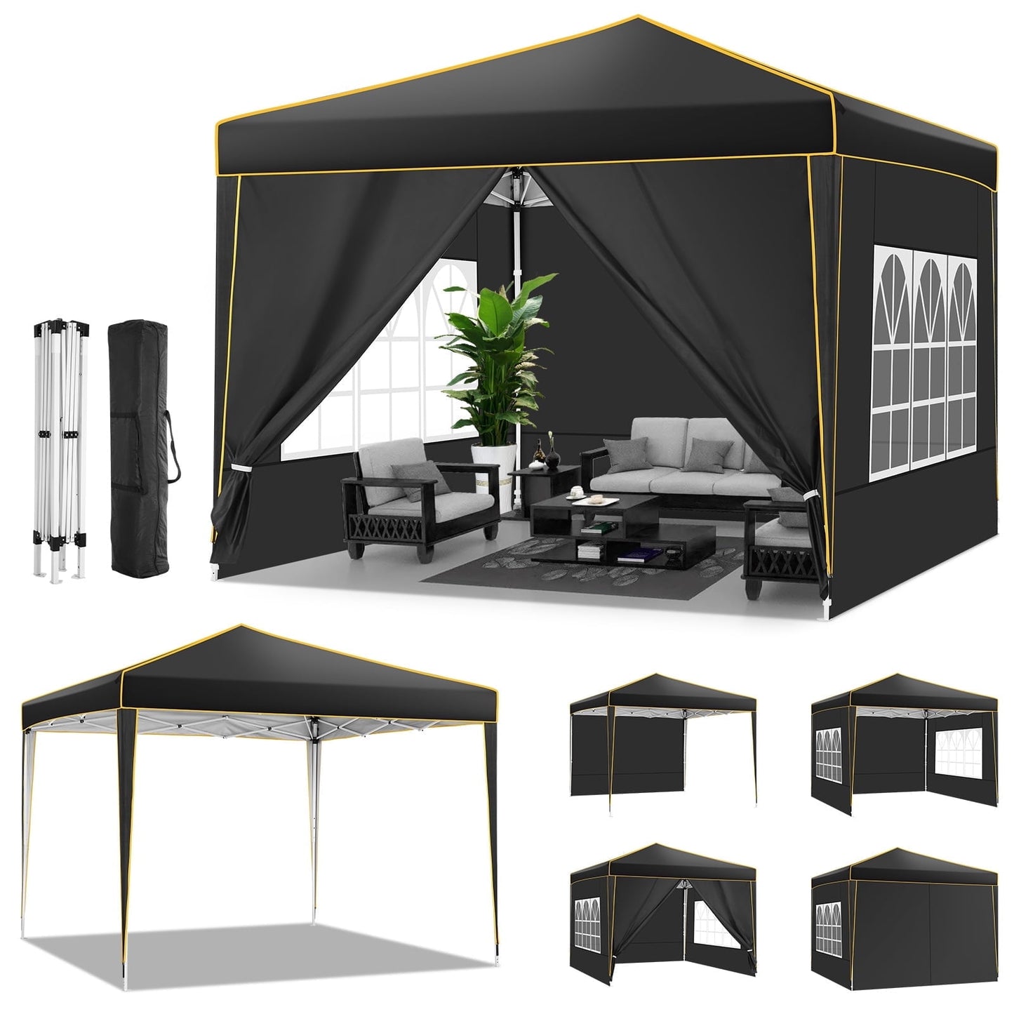 COBIZI 10x10 Pop up Canopy, Easy up Gazebos, Ez up Canopy with Church Window for Parties Beach Party Event Shelter Sun Shade with 4 Sidewalls & Carry Bag 4 Stakes & Ropes & Sandbags, Gray