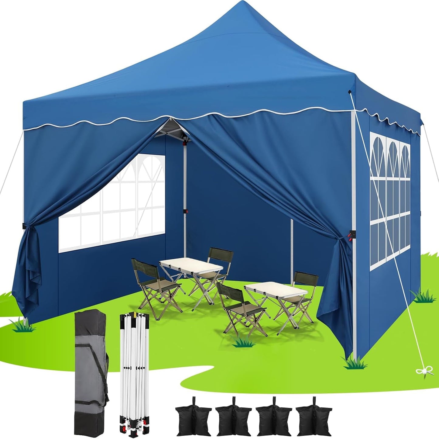 COBIZI 10x10 Pop Up Canopy with 4 Removable Sidewalls, Sandbags, Stakes & Ropes, Upf 50+ Easy Setup Canopy Tent Waterproof Outdoor Instant Portable Shelter for Business, Events, Vendor, Dark Blue