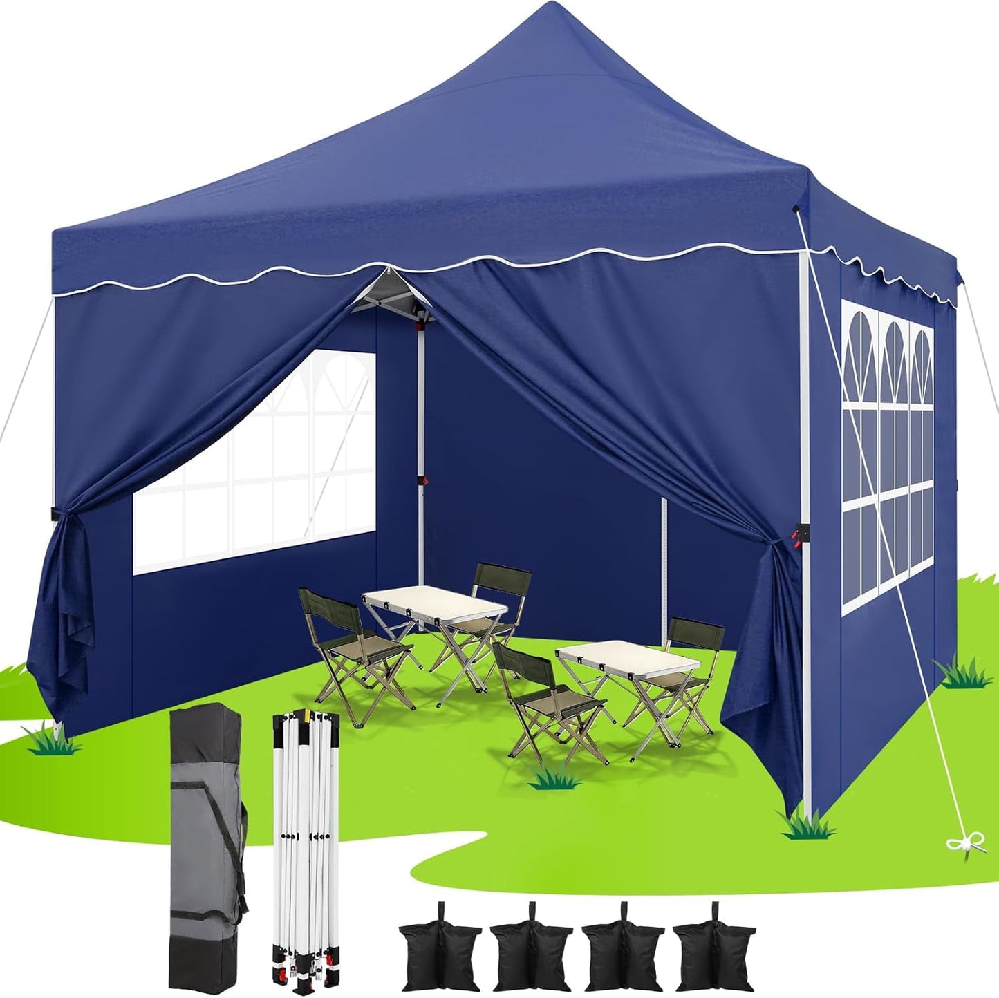 COBIZI 10x10 Pop Up Canopy with 4 Removable Sidewalls, Sandbags, Stakes & Ropes, Upf 50+ Easy Setup Canopy Tent Waterproof Outdoor Instant Portable Shelter for Business, Events, Vendor, Dark Blue