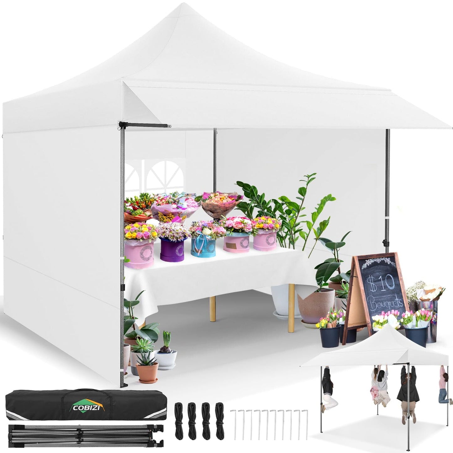 COBIZI 10x10 Pop Up Canopy Heavy Duty Party Tent with Removable Awning and Sidewalls,Easy Up Outdoor Wedding Commercial Canopy,Gazebo All Season Windproof&Waterproof UPF 50+,Black