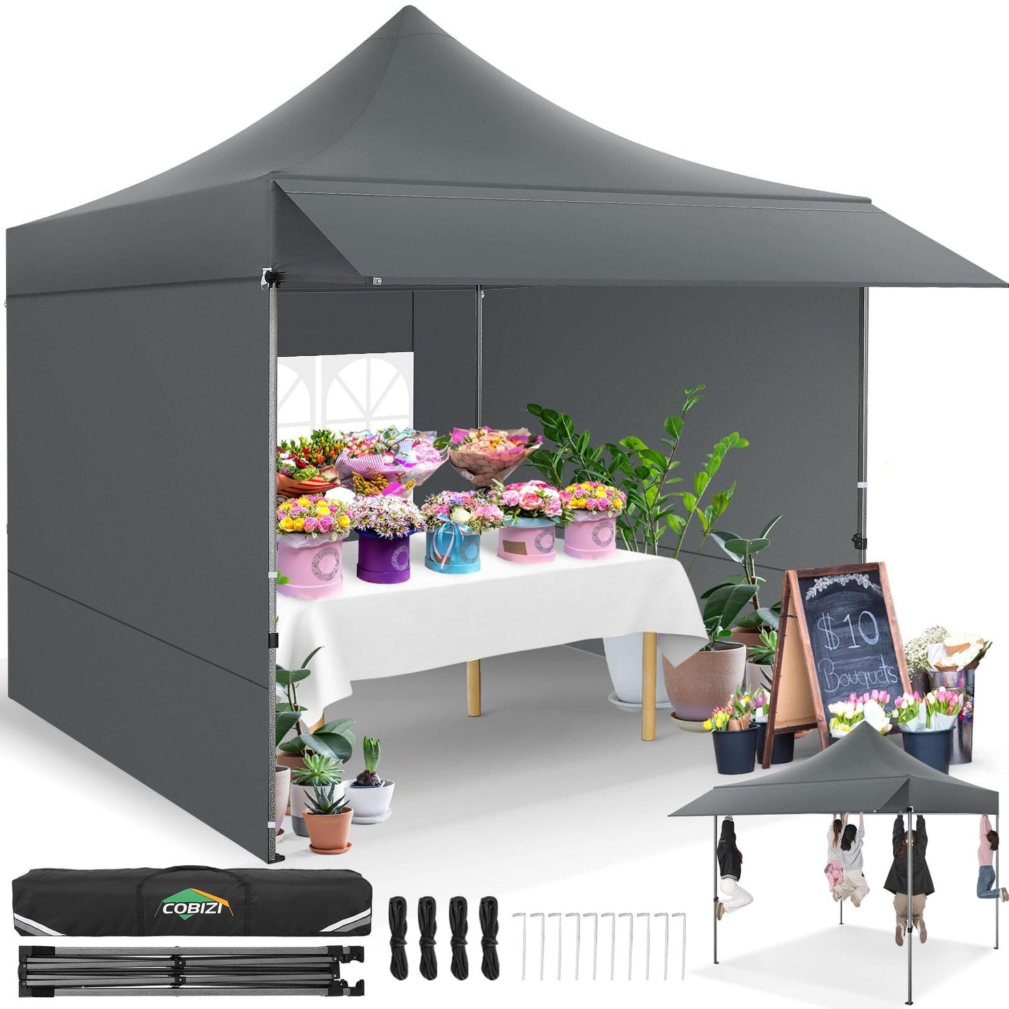 COBIZI 10x10 Pop Up Canopy Heavy Duty Party Tent with Removable Awning and Sidewalls,Easy Up Outdoor Wedding Commercial Canopy,Gazebo All Season Windproof&Waterproof UPF 50+,Black