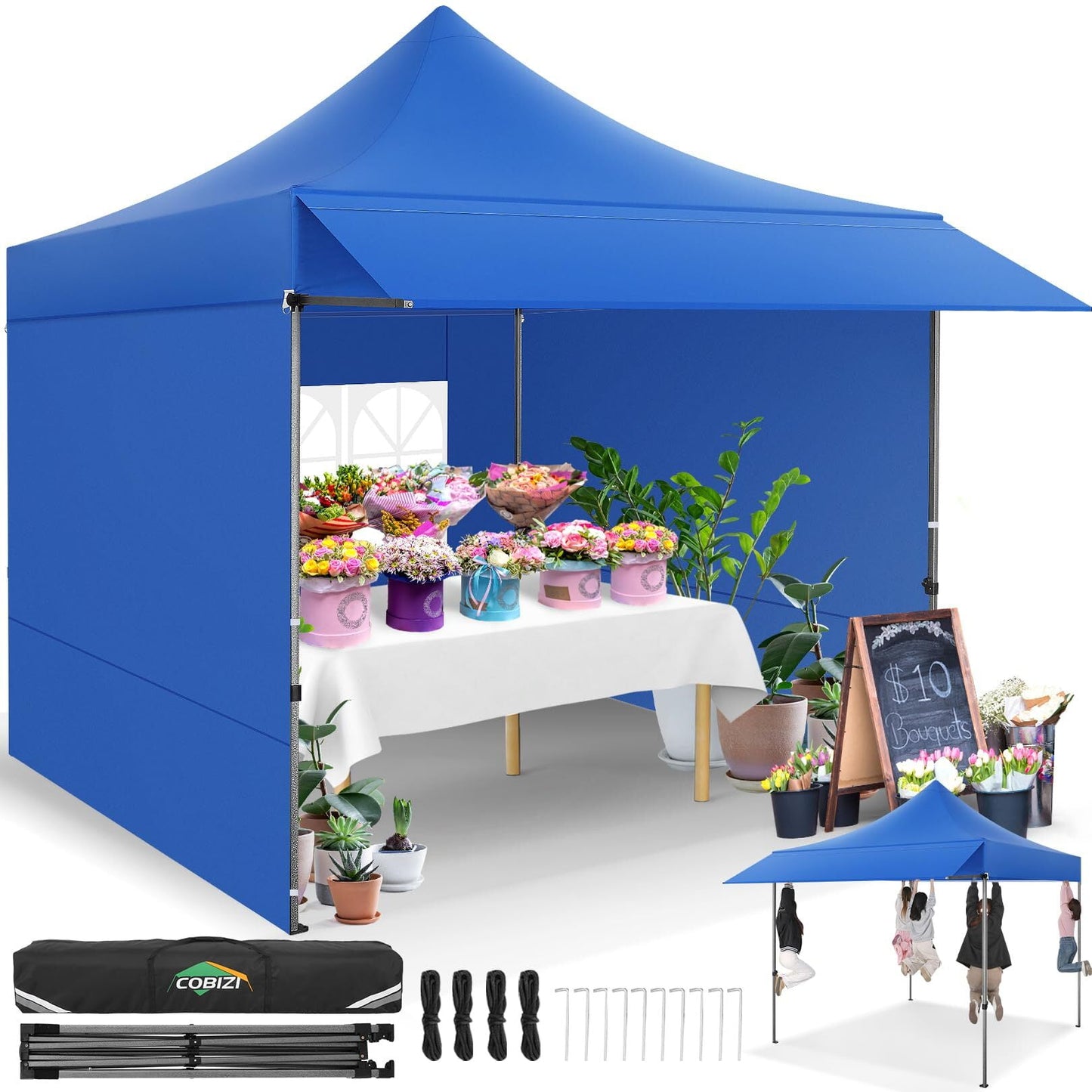 COBIZI 10x10 Pop Up Canopy Heavy Duty Party Tent with Removable Awning and Sidewalls,Easy Up Outdoor Wedding Commercial Canopy,Gazebo All Season Windproof&Waterproof UPF 50+,Black