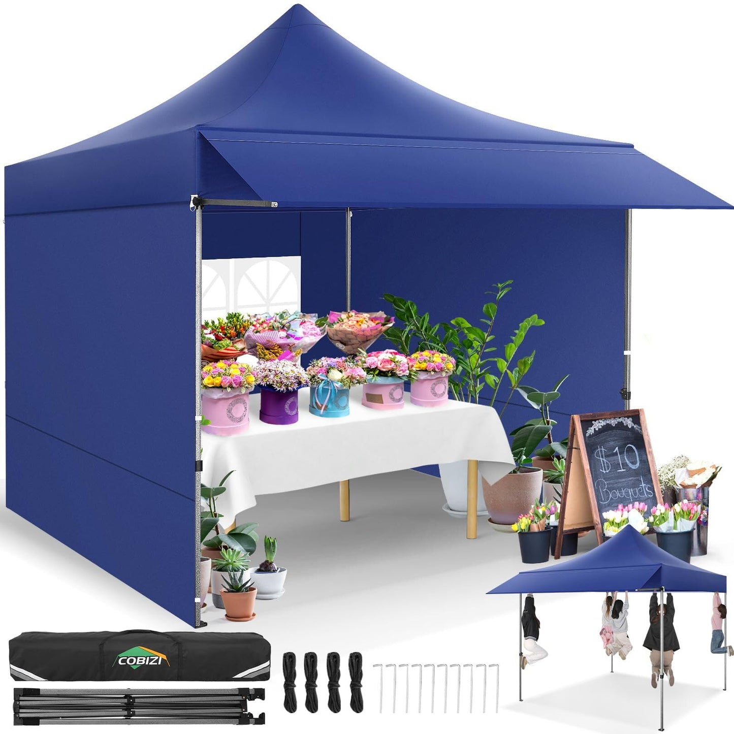 COBIZI 10x10 Pop Up Canopy Heavy Duty Party Tent with Removable Awning and Sidewalls,Easy Up Outdoor Wedding Commercial Canopy,Gazebo All Season Windproof&Waterproof UPF 50+,Black
