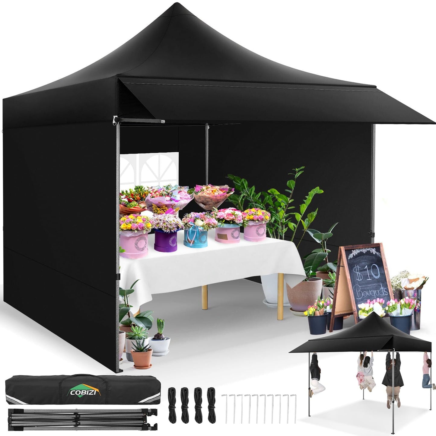 COBIZI 10x10 Pop Up Canopy Heavy Duty Party Tent with Removable Awning and Sidewalls,Easy Up Outdoor Wedding Commercial Canopy,Gazebo All Season Windproof&Waterproof UPF 50+,Black