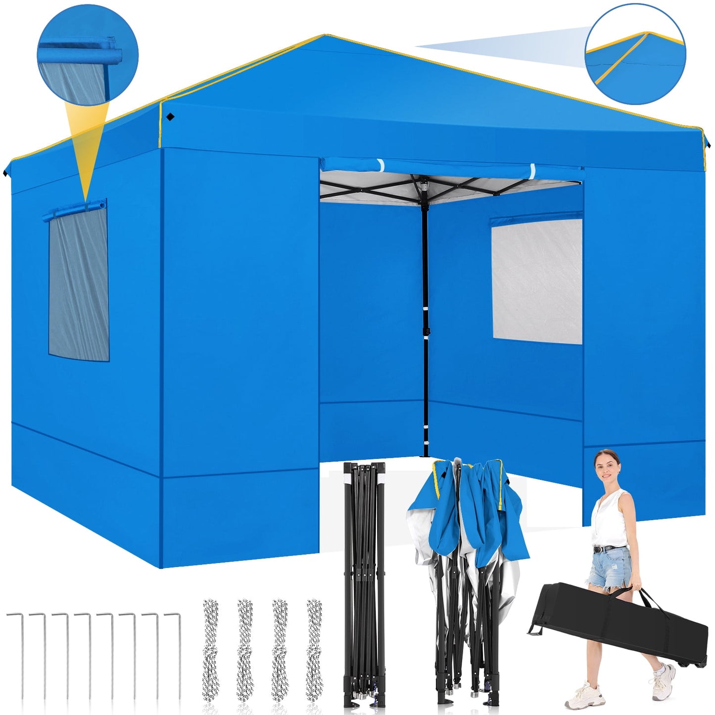 COBIZI 10x10 Pop-up Canopy Tent with 4 Sidewalls and Mesh Windows 2.0, Waterproof Commercial Instant Outdoor Canopy Tents for Party/Exhibition/Picnic with Carry Bag,4 Stakes & Ropes,Black