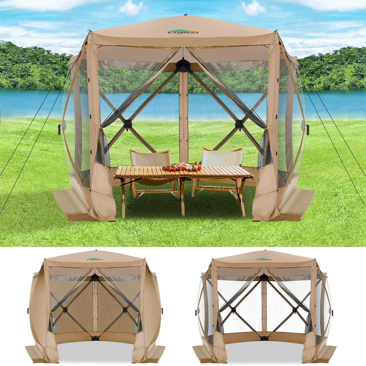 COBIZI 10x10ft Pop up Gazebo Screen Tent Screen House for Camping,5 Sided Pop-up Camping Canopy Shelter Tent with Sidewalls,Portable Outdoor Quick-set Hub Tent with Carrying Bag&Ground Stakes,Blue
