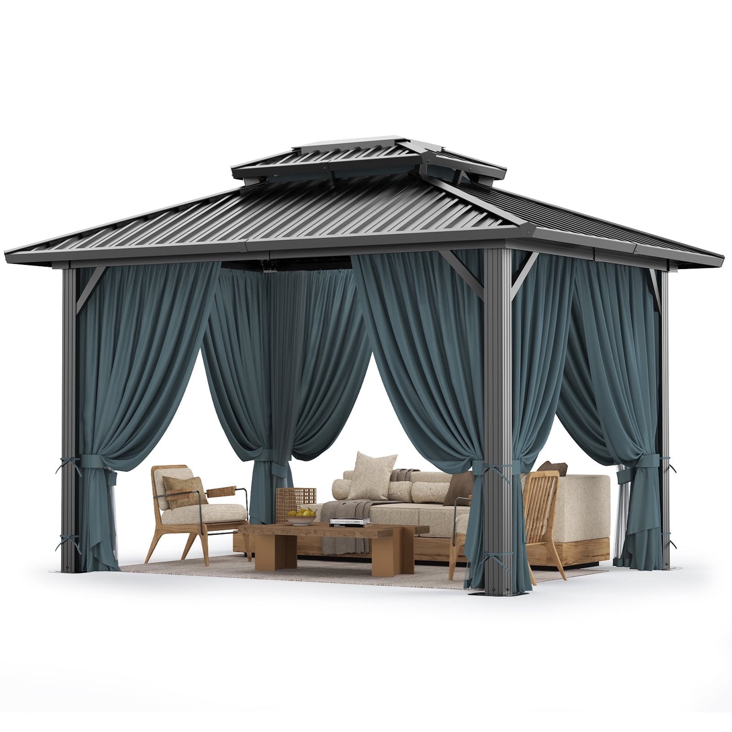 COBIZI 10x12 Hardtop Gazebo Aluminum Metal Gazebos Galvanized Steel Double Roof Permanent Hardtop Gazebo with Netting and Curtains Aluminum Frame Steel Gazebos for Deck, Lawns and Backyard, Black