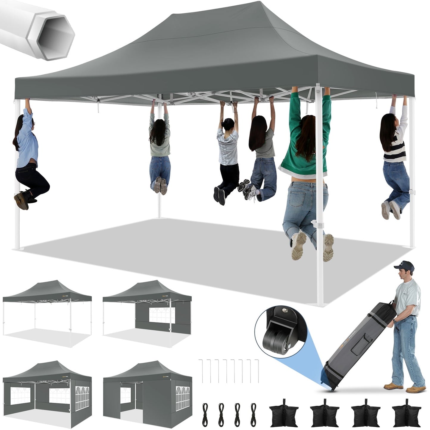COBIZI 10x15 Canopy Tent with 4 Sidewalls,Heavy Duty Pop Up Canopy Tent for Parties Wedding,Commercial Canopy with Roller Bag,UV 50+&Upgraded Waterproof,Thickened Legs,Gray