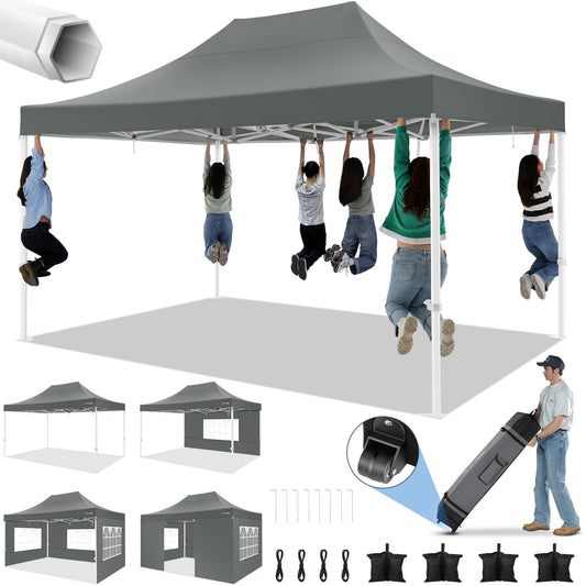 COBIZI 10x15 Canopy Tent with 4 Sidewalls,Heavy Duty Pop Up Canopy Tent for Parties Wedding,Commercial Canopy with Roller Bag,UV 50+&Upgraded Waterproof,Thickened Legs,Gray