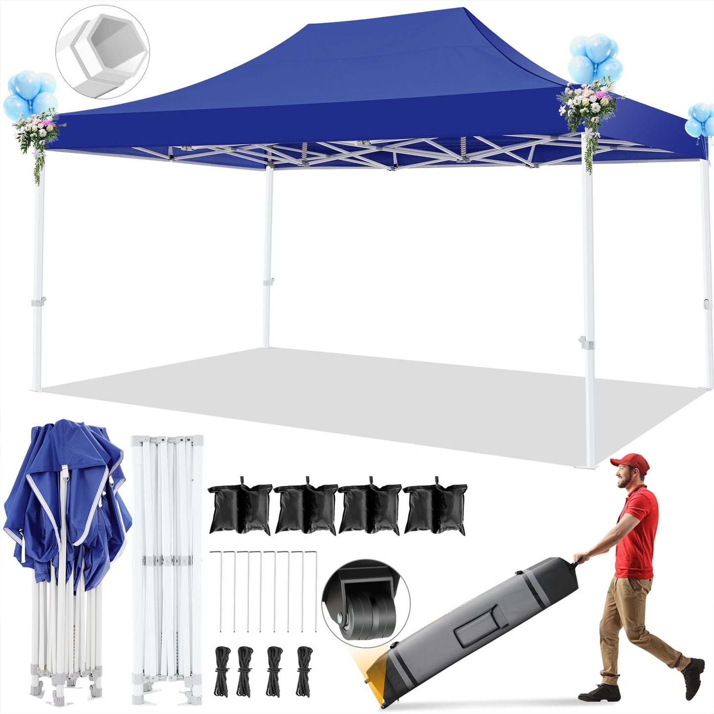 COBIZI 10x15 Canopy Tent Heavy Duty Pop Up Canopy Tent for Parties Event Wedding Commercial Easy Up Canopy with Roller Bag,UV 50+ & Upgraded No Water Accumulation, Thick Hexagonal Legs,Dark Blue