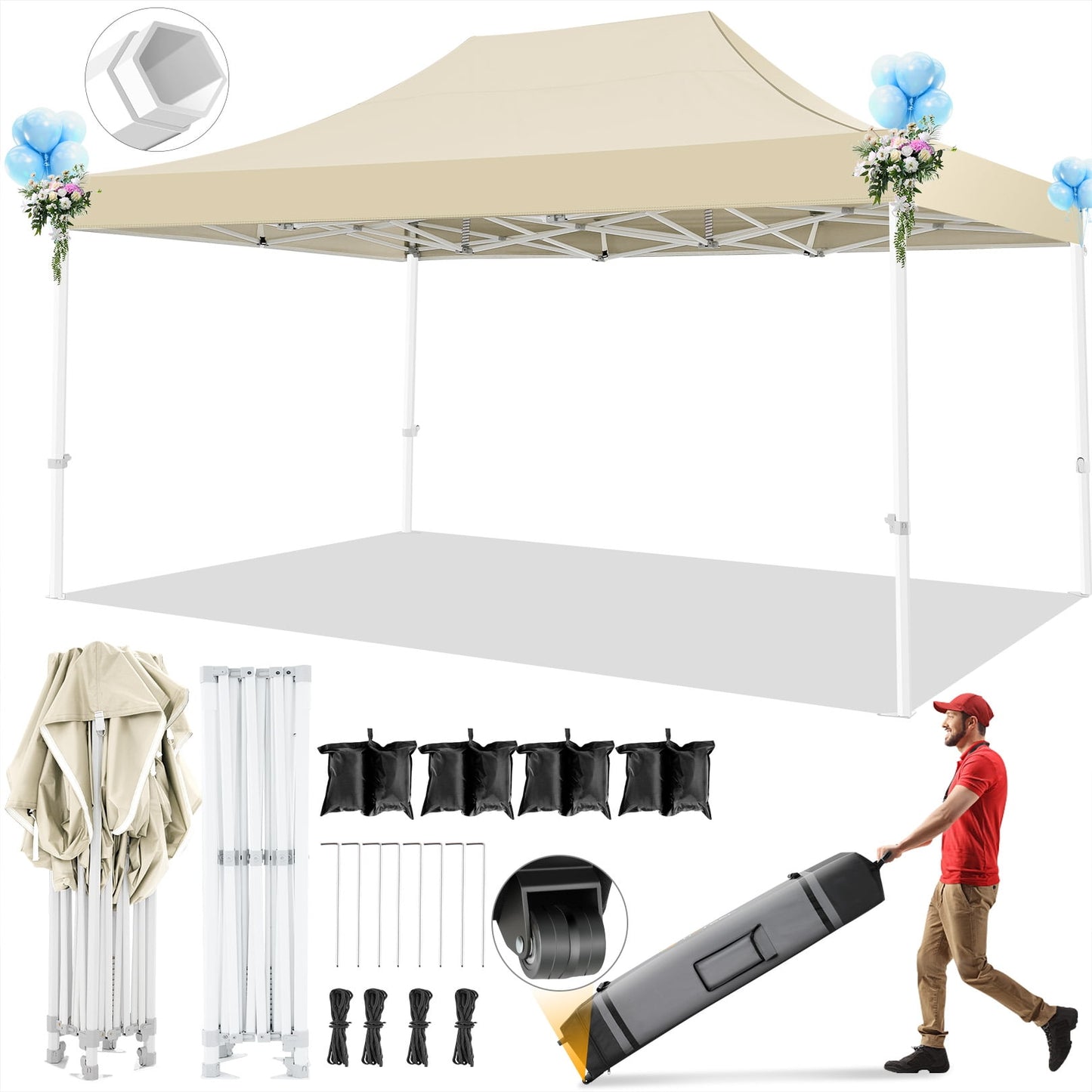 COBIZI 10x15 Canopy Tent Heavy Duty Pop Up Canopy Tent for Parties Event Wedding Commercial Easy Up Canopy with Roller Bag,UV 50+ & Upgraded No Water Accumulation, Thick Hexagonal Legs,Dark Blue