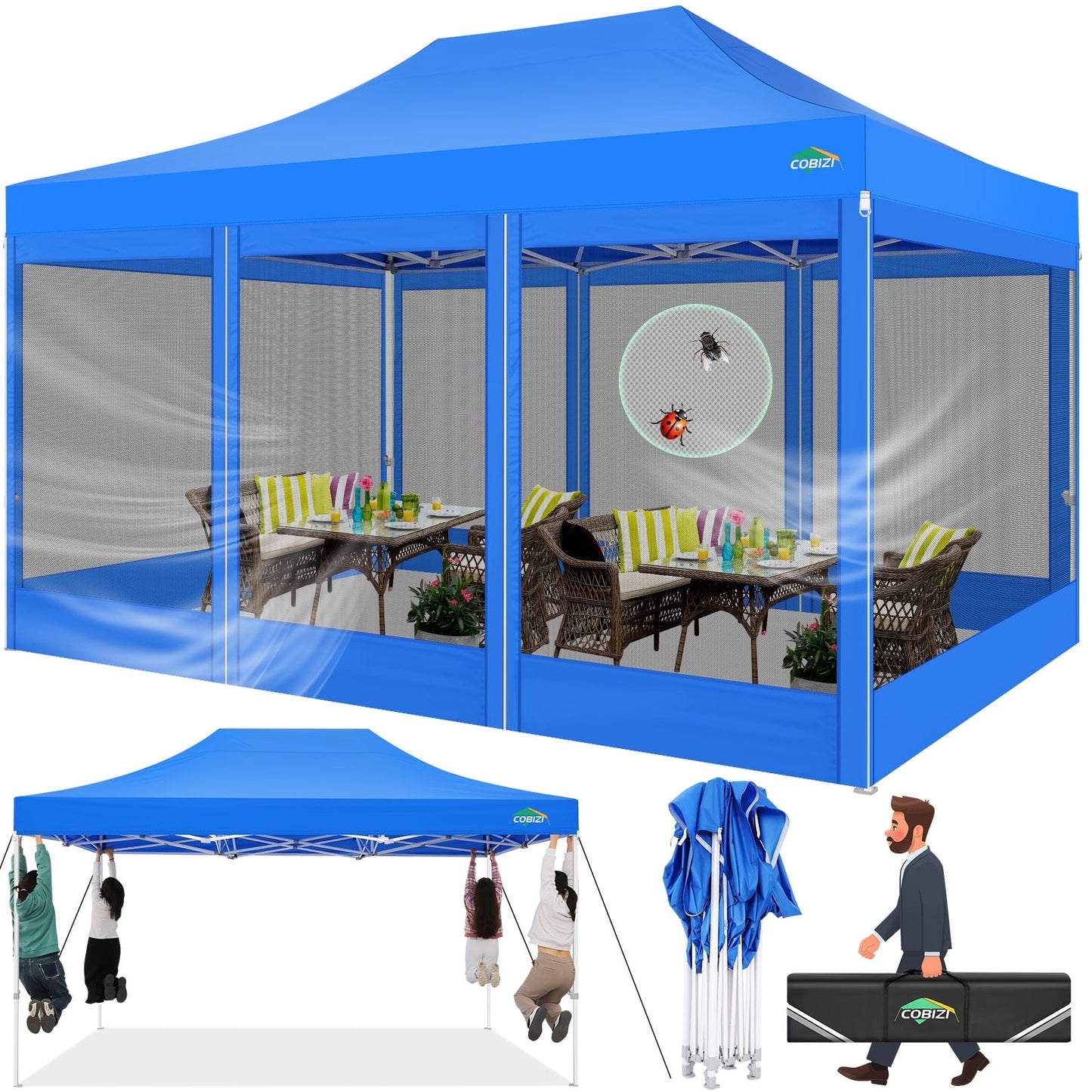 COBIZI 10x15 Heavy Duty Pop up Canopy with Mosquito Net,Instant Outdoor Shelter Large Canopy Tent for Outside,Gazebo with Mesh Sidewalls for Party,Backyard,Camping,Blue