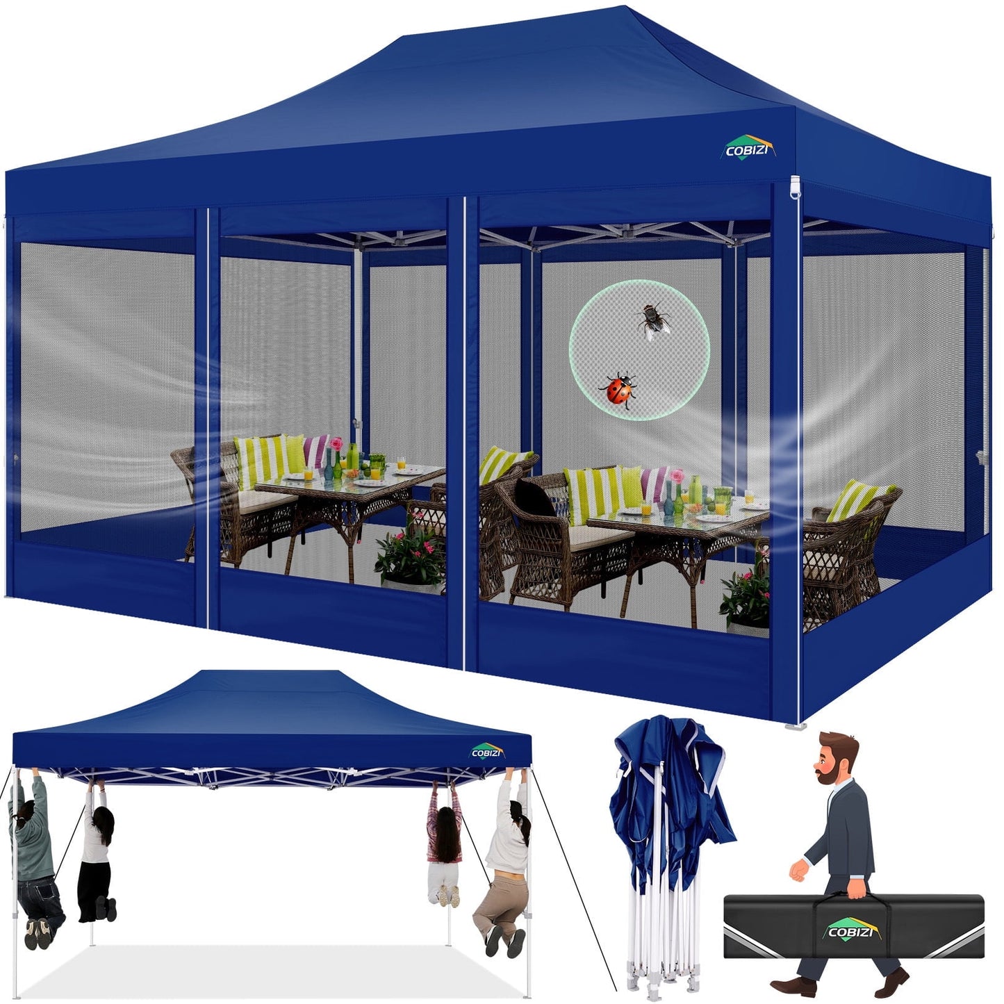 COBIZI 10x15 Heavy Duty Pop up Canopy with Mosquito Net,Instant Outdoor Shelter Large Canopy Tent for Outside,Gazebo with Mesh Sidewalls for Party,Backyard,Camping,Dark Blue