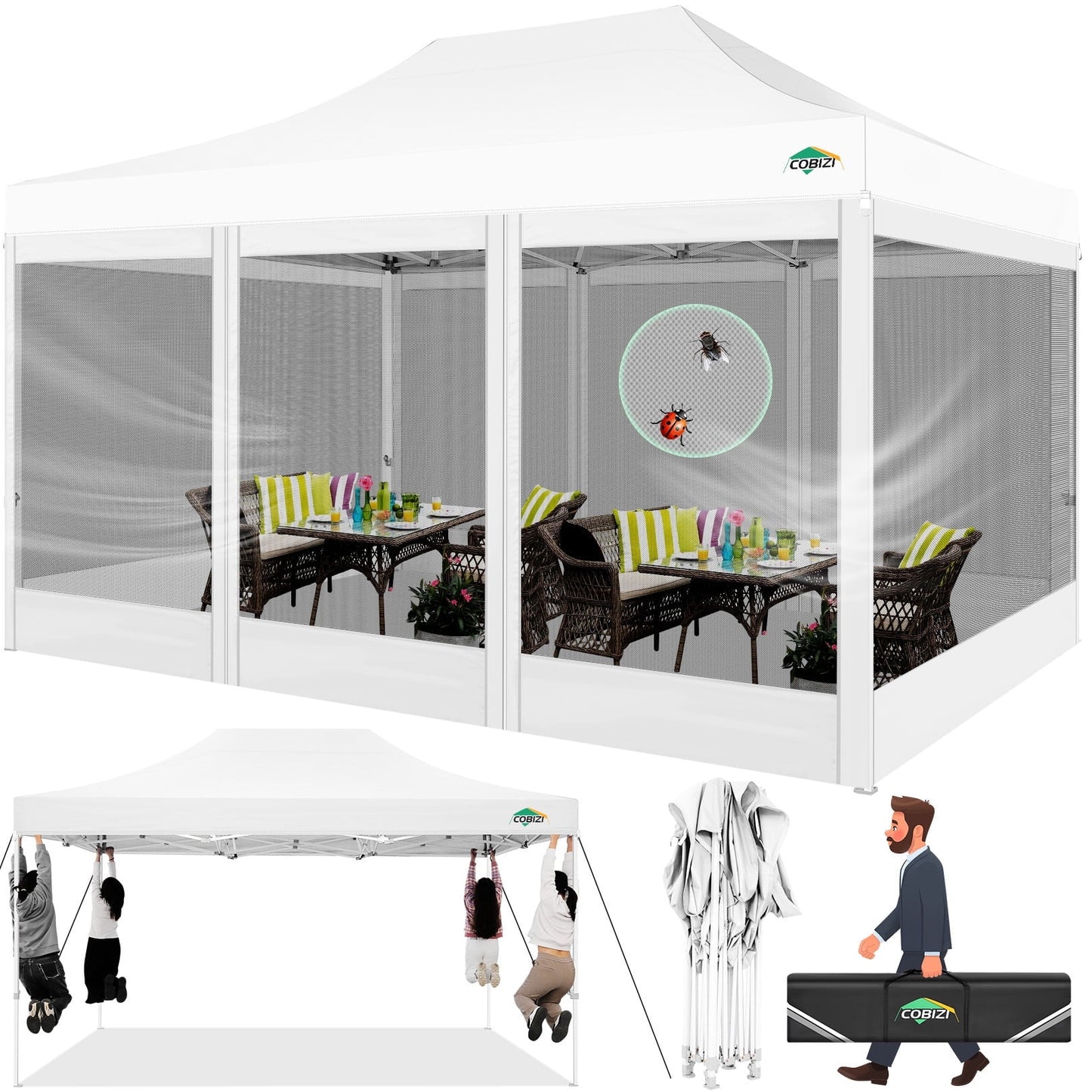 COBIZI 10x15 Heavy Duty Pop up Canopy with Mosquito Net,Instant Outdoor Shelter Large Canopy Tent for Outside,Gazebo with Mesh Sidewalls for Party,Backyard,Camping,White