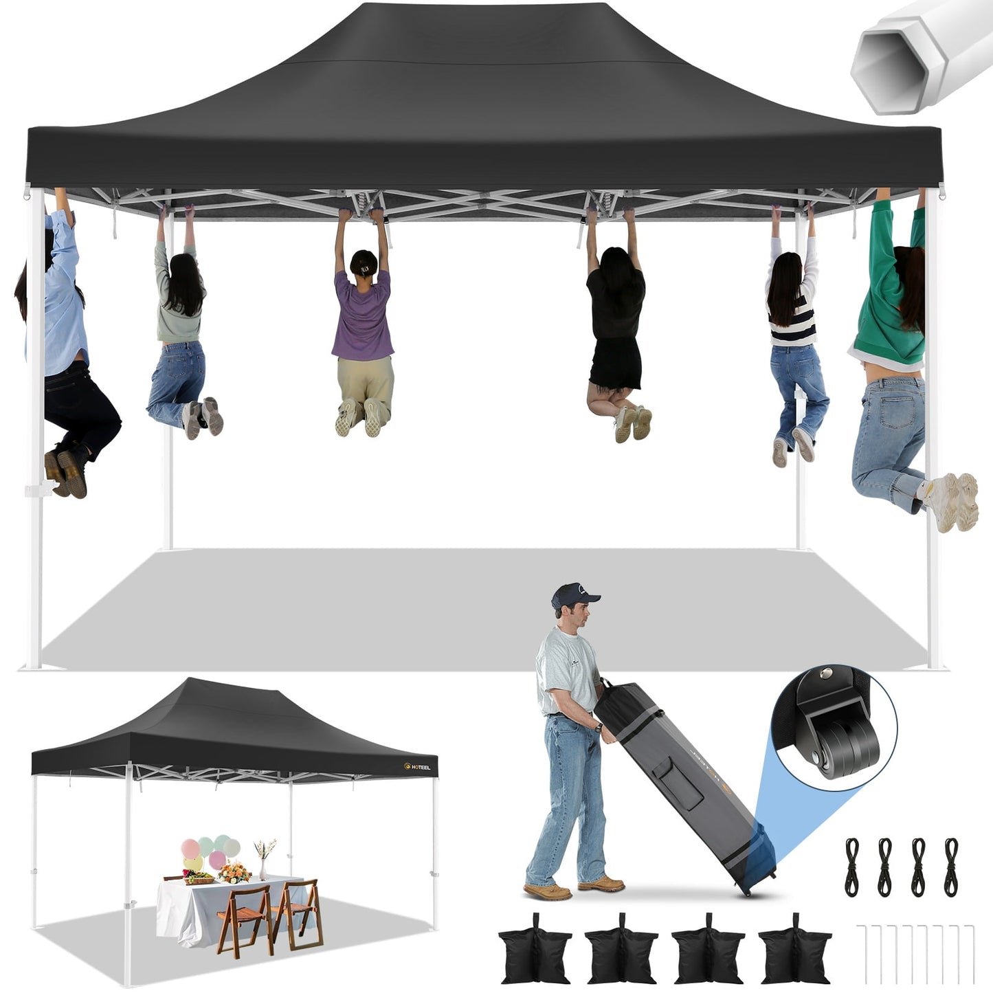 COBIZI 10x15 Pop up Canopy Tent, 10 x 15 Heavy Duty Ez up Canopy, Commercial Instant Party Tent with Roller Bag & Sand Bags,420D Waterproof Oxford & UPF 50+,Black(Frame Thickened & Windproof)