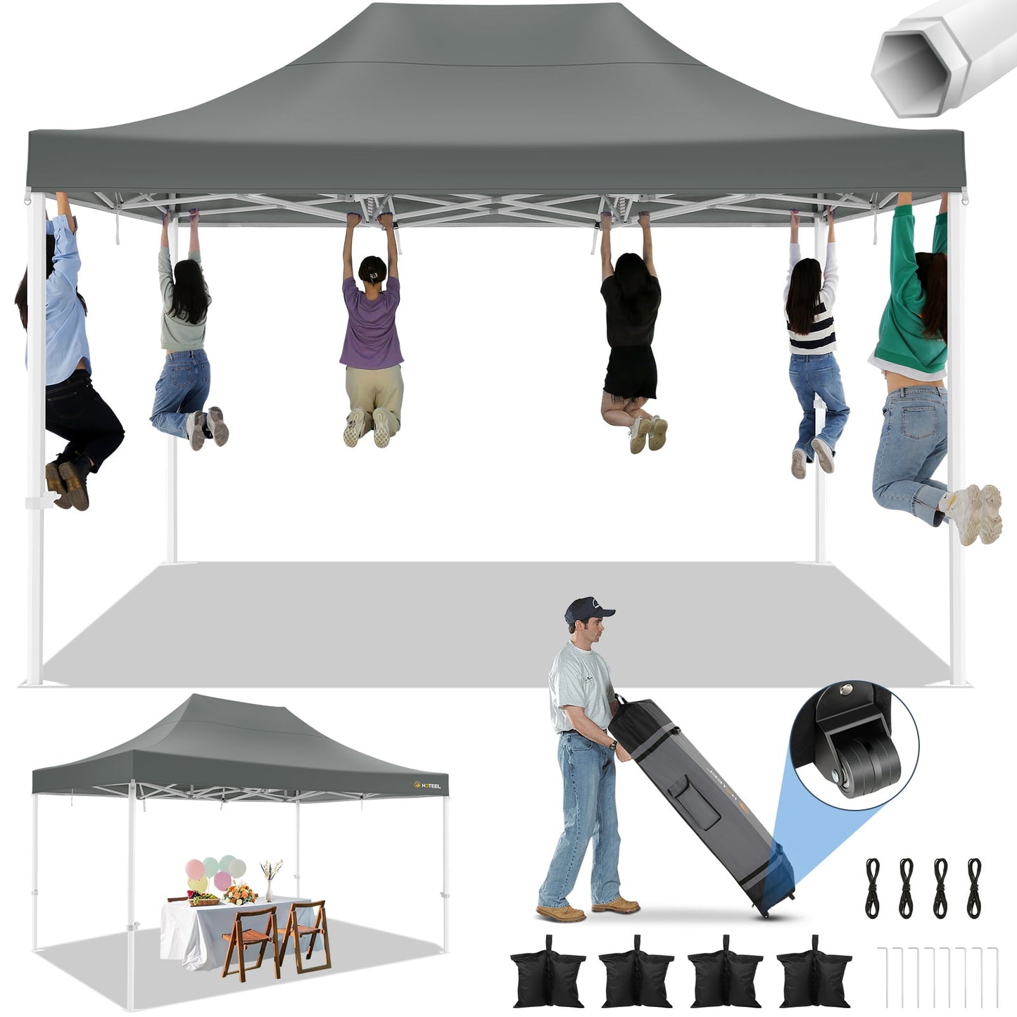 COBIZI 10x15 Pop up Canopy Tent, 10 x 15 Heavy Duty Ez up Canopy, Commercial Instant Party Tent with Roller Bag & Sand Bags,420D Waterproof Oxford & UPF 50+,Gray(Frame Thickened & Windproof)