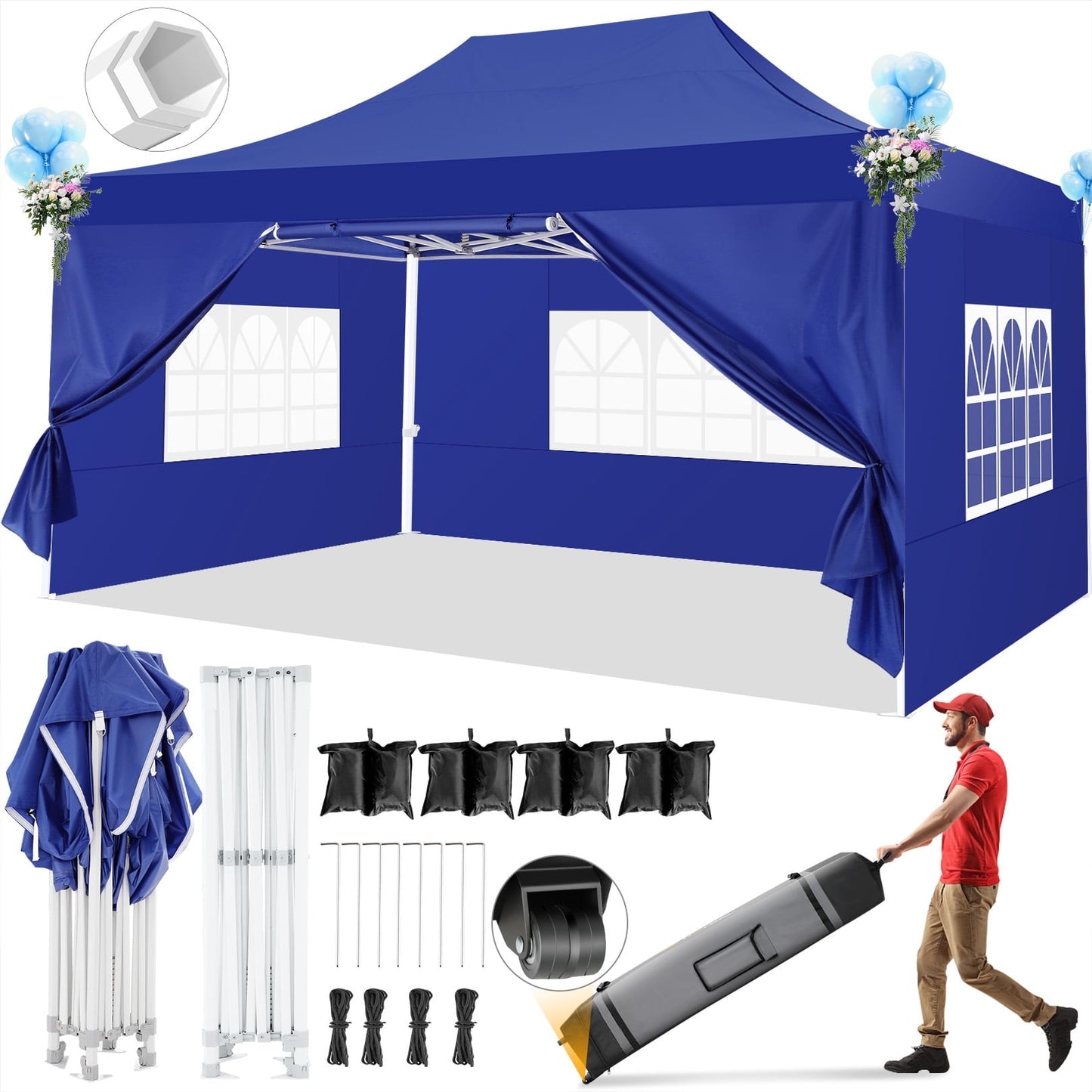 COBIZI 10x15 Pop up Canopy Tent Heavy Duty with 4 Sidewalls Tents for Parties Outdoor Canopy Event Tent Wedding with Roller Bag,Upgraded UV 50+ , Thick Hexagonal Legs, Dark blue