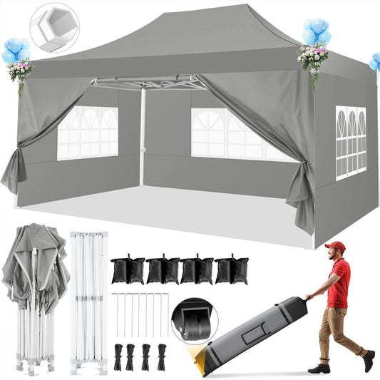 COBIZI 10x15 Pop up Canopy Tent Heavy Duty with 4 Sidewalls Tents for Parties Outdoor Canopy Event Tent Wedding with Roller Bag,Upgraded UV 50+ , Thick Hexagonal Legs, grey
