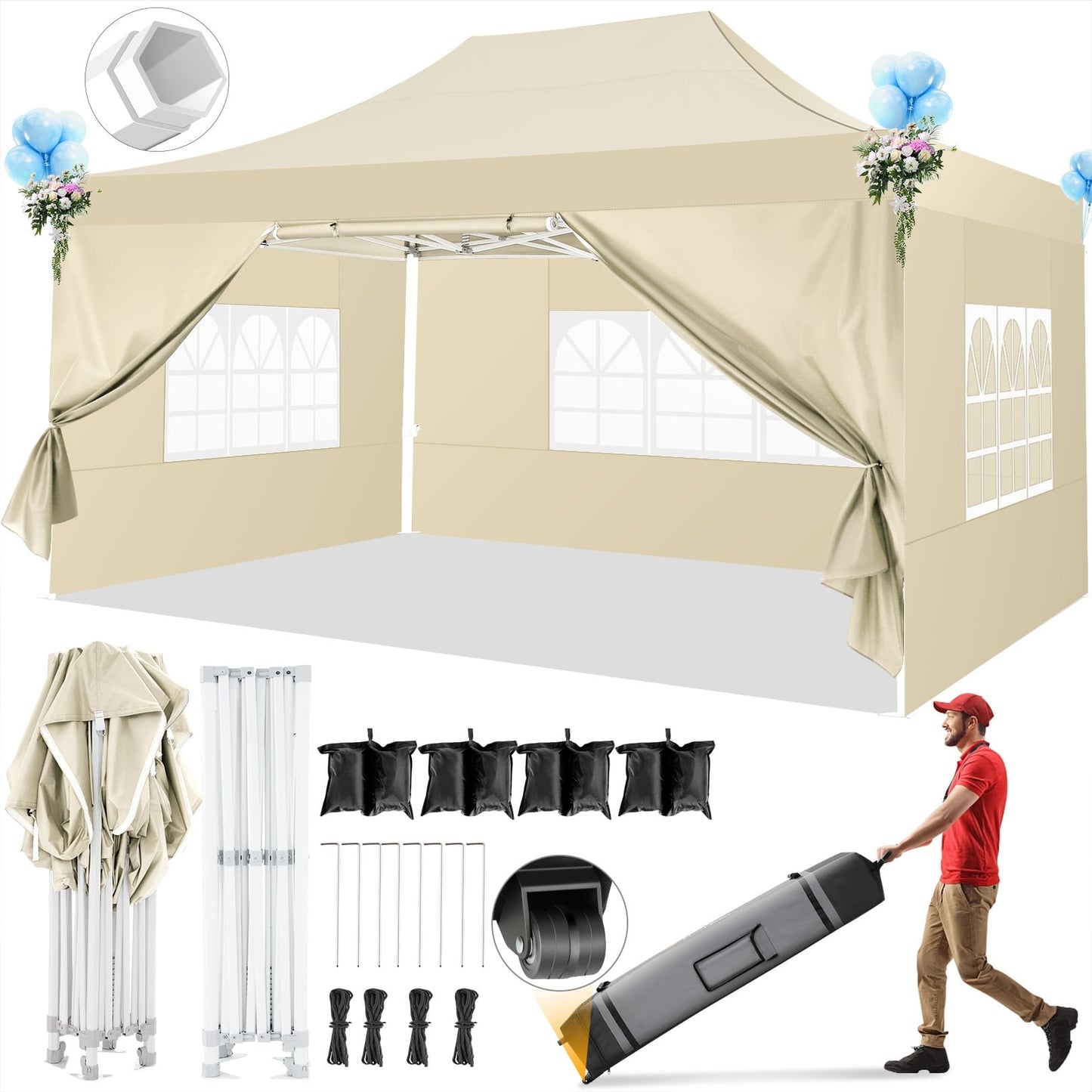 COBIZI 10x15 Pop up Canopy Tent Heavy Duty with 4 Sidewalls Tents for Parties Outdoor Canopy Event Tent Wedding with Roller Bag,Upgraded UV 50+ , Thick Hexagonal Legs, khaki
