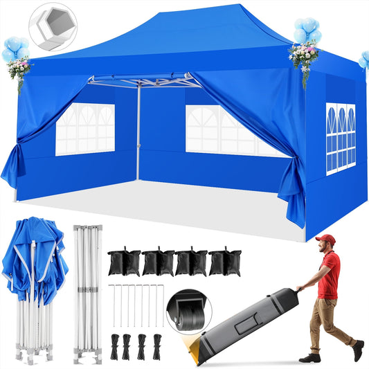 COBIZI 10x15 Pop Up Canopy Tent Heavy Duty with 4 Sidewalls Tents for Parties Outdoor Canopy Event Tent Wedding with Roller Bag,Upgraded UV 50+ , Thick Hexagonal Legs, blue
