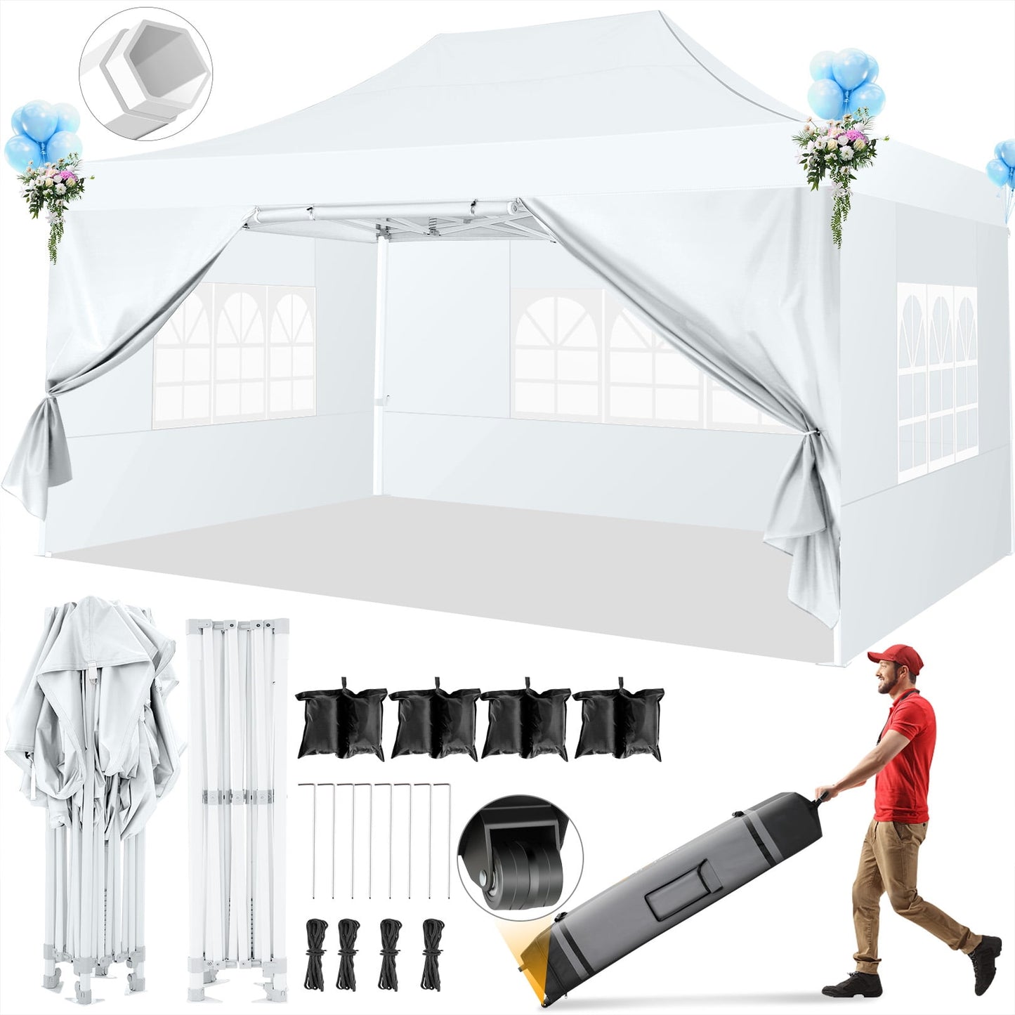 COBIZI 10x15 Pop Up Canopy Tent Heavy Duty with 4 Sidewalls Tents for Parties Outdoor Canopy Event Tent Wedding with Roller Bag,Upgraded UV 50+ , Thick Hexagonal Legs, white