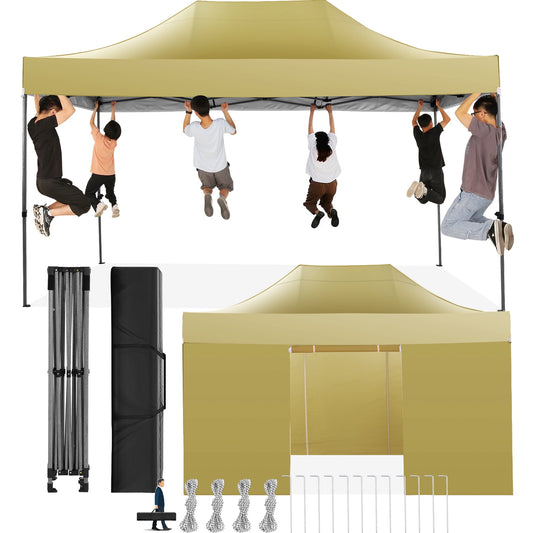 COBIZI 10x15ft Pop up Canopy, Easy up Heavy Duty Canopy Tent with 4 Removable Sidewalls,Khaki