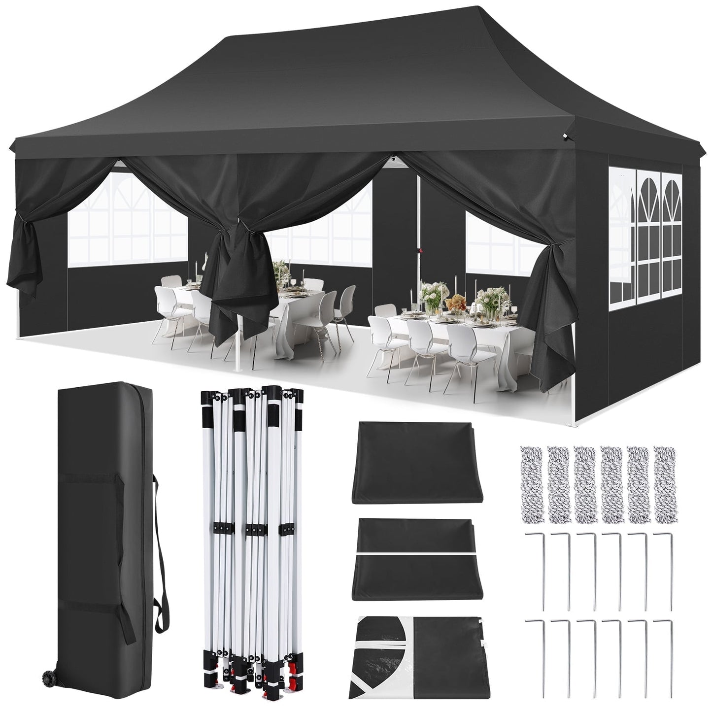COBIZI 10x20 with 6 Disassembly Side Wall Pop -up Duty Sheds,for Outdoor Canopies for Party Weddings,Real-Time Sunscreen with Upgraded Roofs and Handbags,Plus 4 Sandbags,Plus 4 Sandbags,Black