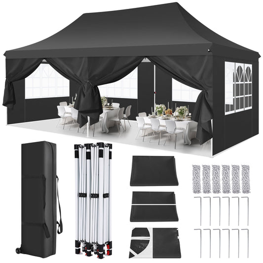 COBIZI 10x20 with 6 Disassembly Side Wall Pop -up Duty Sheds,for Outdoor Canopies for Party Weddings,Real-Time Sunscreen with Upgraded Roofs and Handbags,Plus 4 Sandbags,Plus 4 Sandbags,Black